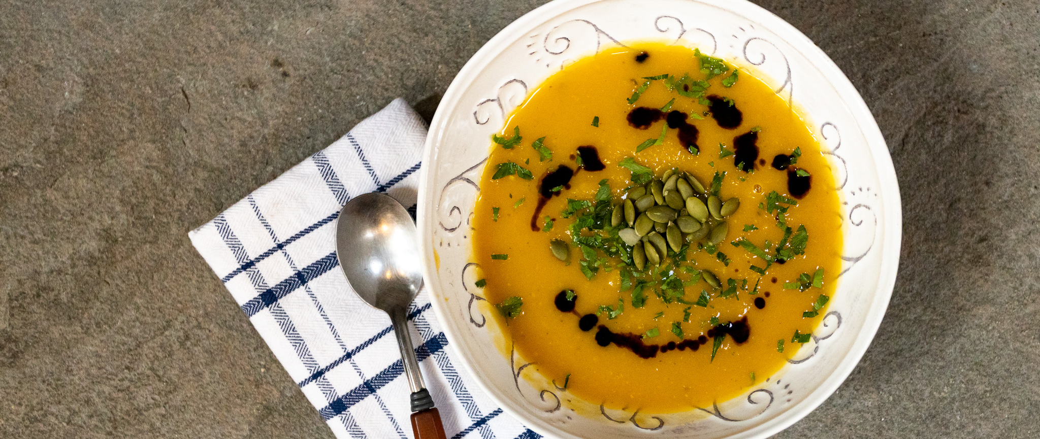 A bowl of butternut squash soup prepared by Cathy Vogt